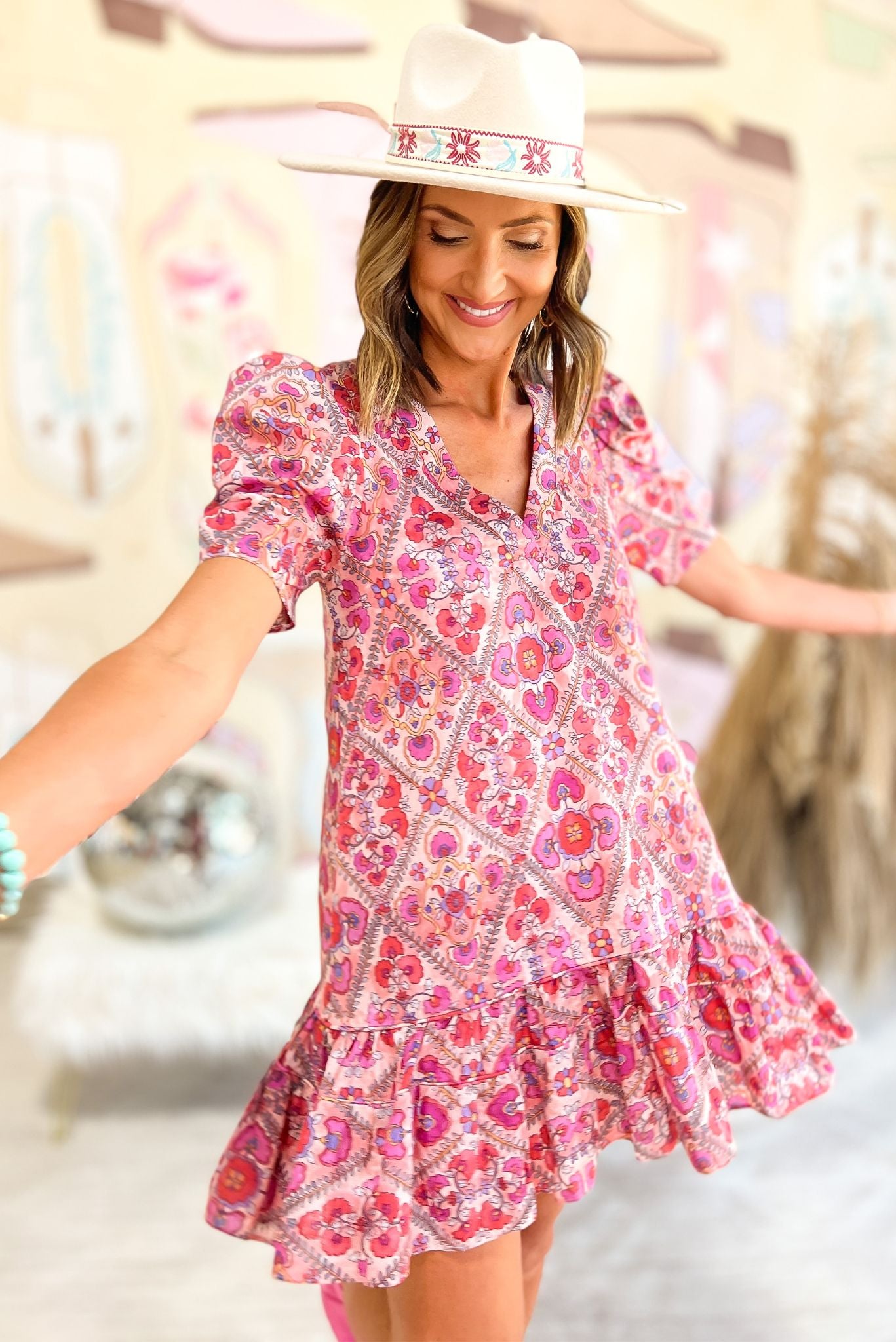 Pink Floral V Neck Puff Sleeve Ruffle Drop Waist Dress by Karlie, fall must have, ruffle detail, trendy, date night look, fall transition piece, shop style your senses by mallory fitzsimmons