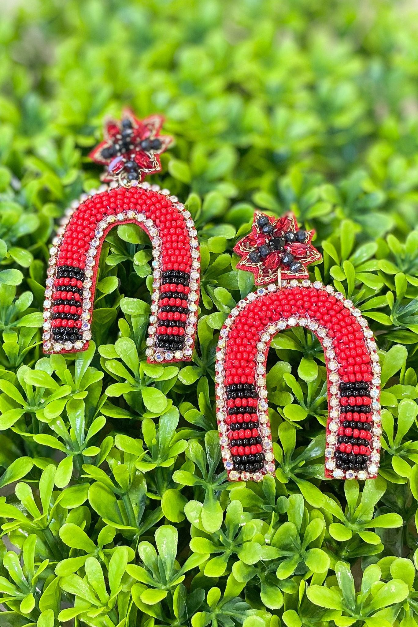 Red Black Beaded Arch Earrings, game day ready, teacher must have, school spirit, updated earring, easy to wear, mom style, shop style your senses by mallory fitzsimmons