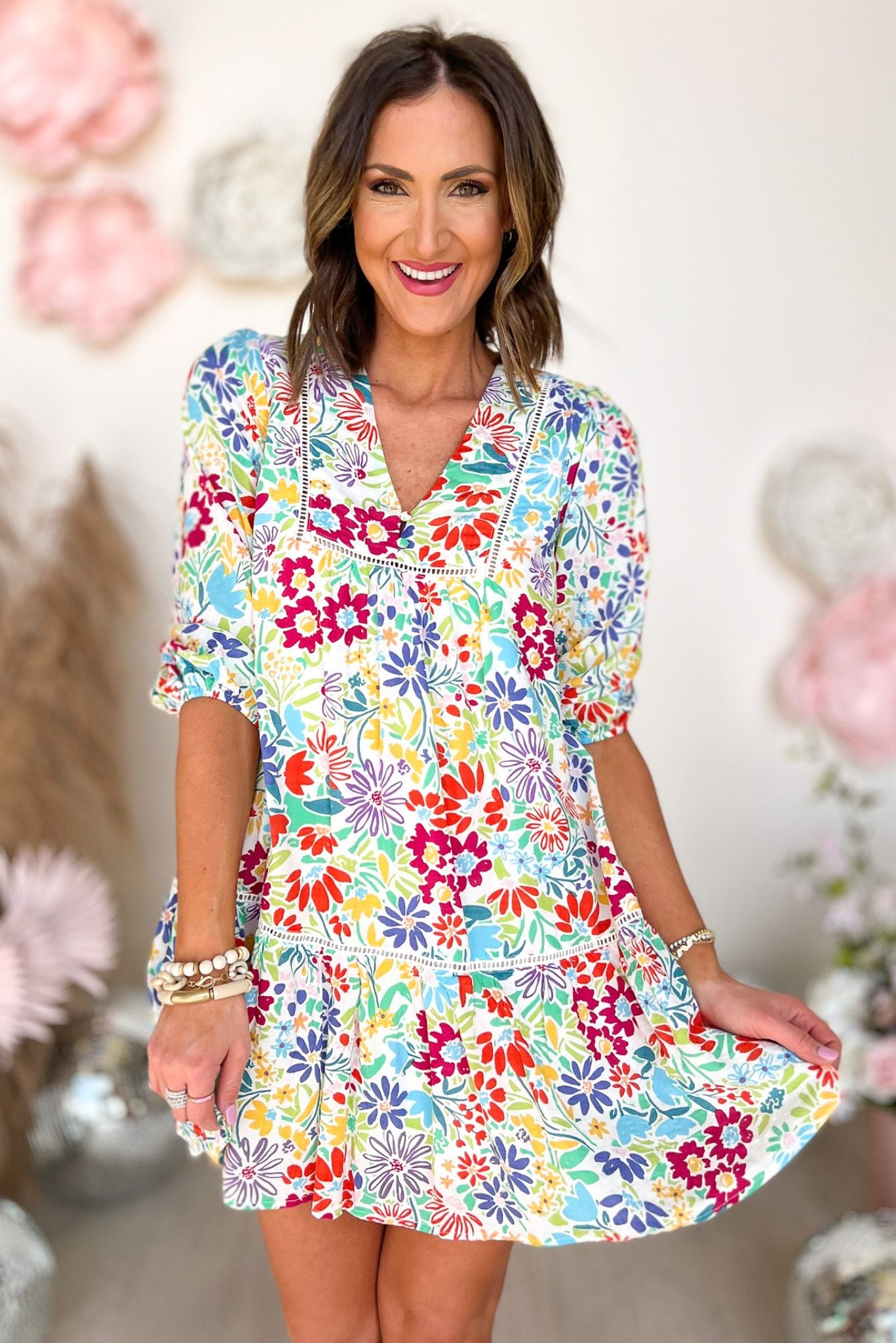 Off White Colorful Floral Lace Hem V Neck Dress, spring fashion, floral print, v neck, date look, mom style, shop style your senses by mallory fitzsimmons