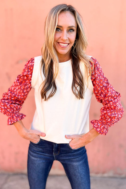 Cream Sweatshirt with Contrasting Red Animal Print Sleeves by Karlie, fall fashion, fall must have, sleeve detail, mom style, chic, shop style your senses by mallory fitzsimmons