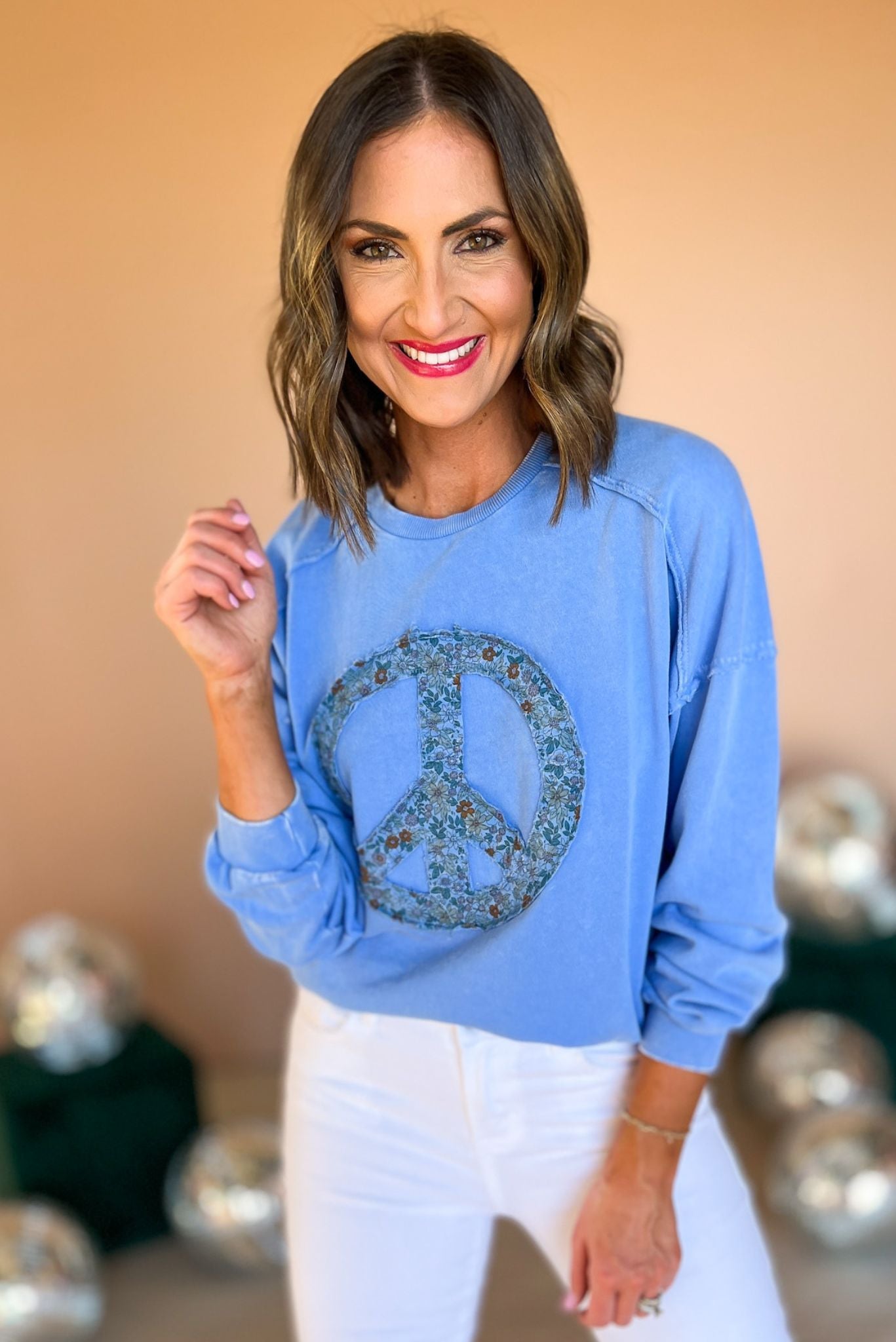 Blue Mineral Wash Peace Sign Pullover, mineral wash, floral detail, comfy, everyday wear, mom style, shop style your senses by mallory fitzsimmons