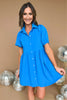Blue Pearl Snap Collared Puff Sleeve Button Down Dress. Blue color. Pearl snap buttons. Mom style. Office look. Shop Style Your Senses by Mallory Fitzsimmons.