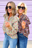 Natural Floral V Neck Ruffle Long Sleeve Button Up Top