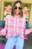 Hot Pink Plaid Puff Sleeve Mock Neck Sweater, fall fashion, fall must have, mock neck, sweater weather, mom style, shop style your senses by mallory fitzsimmons
