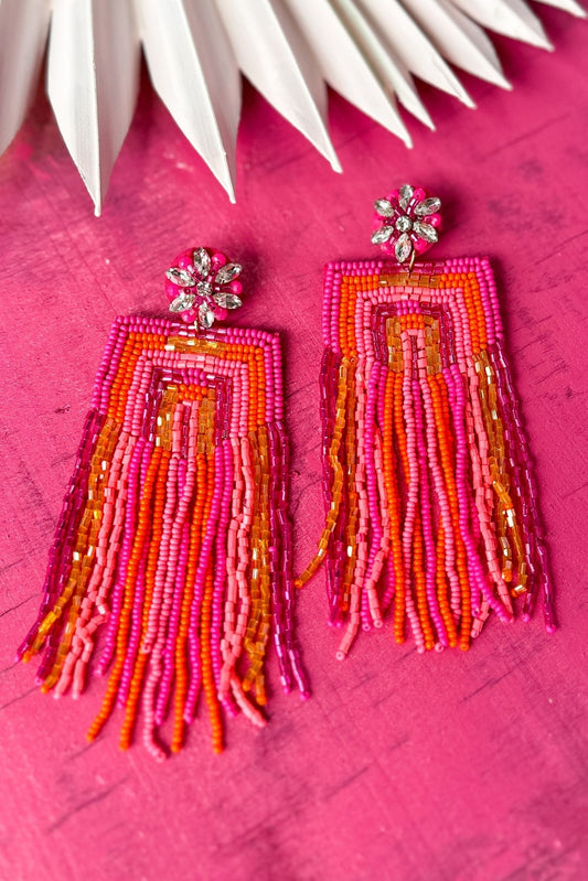 Fuchsia Beaded Tassel Fringe Dangle Earrings, fringe, statement piece, must have, summer look, shop style your senses by mallory fitzsimmons