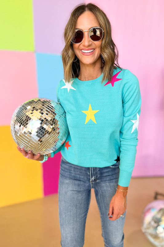 Light Blue Colorful Star Sweater, vibrant fall, sweater weather, must have, mom style, shop style your senses by mallory fitzsimmons