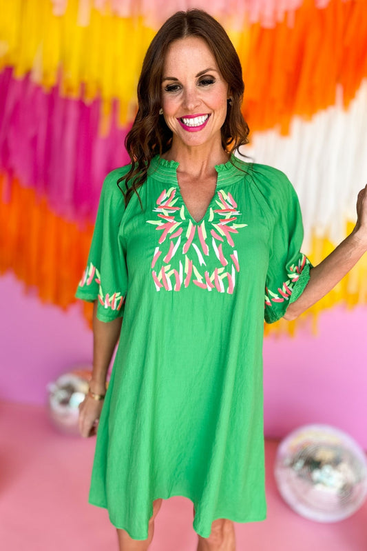 Green Colorful Confetti Embroidery V Neck Dress, embroidered, v neck, summer look, must have, mom style, shop style your senses by mallory fitzsimmons