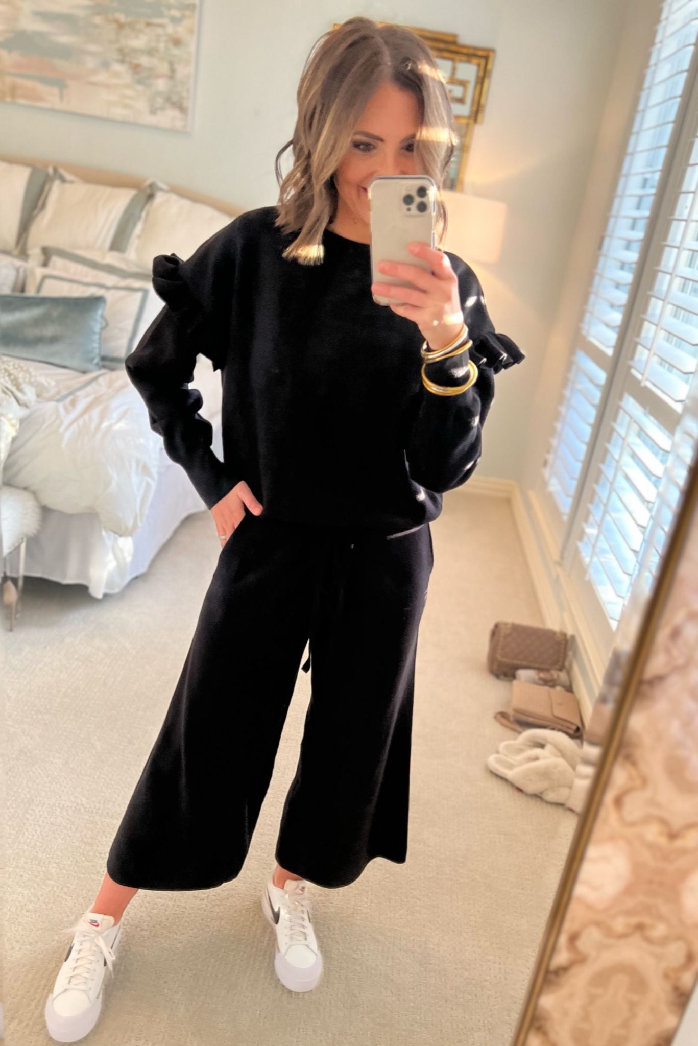 Black ruffle shoulder sweater wide leg pants set new arrivals travel outfit matching set shop style your senses by mallory fitzsimmons 