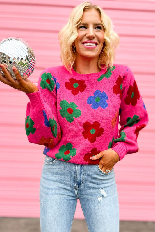 hot pink Floral Ribbed Hem Sweater, fall fashion, fall must have, elevated look, sweater weather, floral, shop style your senses by mallory fitzsimmons