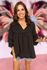 black Gauze Balloon Long Sleeve Babydoll Top, easy fit, flowy fit, summer look, must have, gauze material, collar detail, shop style your senses by mallory fitzsimmons