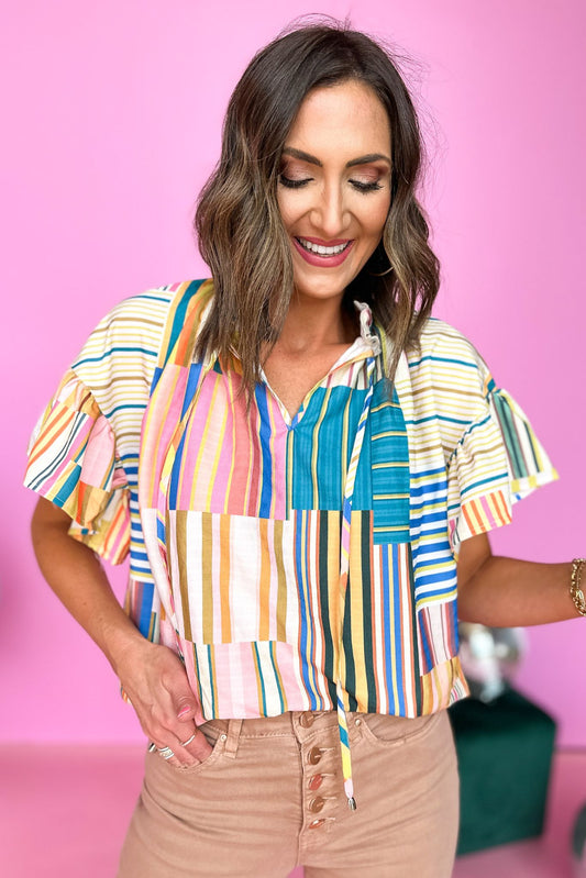 Green Striped Printed Ruffle Short Sleeve Top