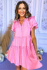 Pink Ruffle Hem V Neck Tiered Dress, ruffle sleeve, button detail, tiered, spring look, shop style your senses by mallory fitzsimmons