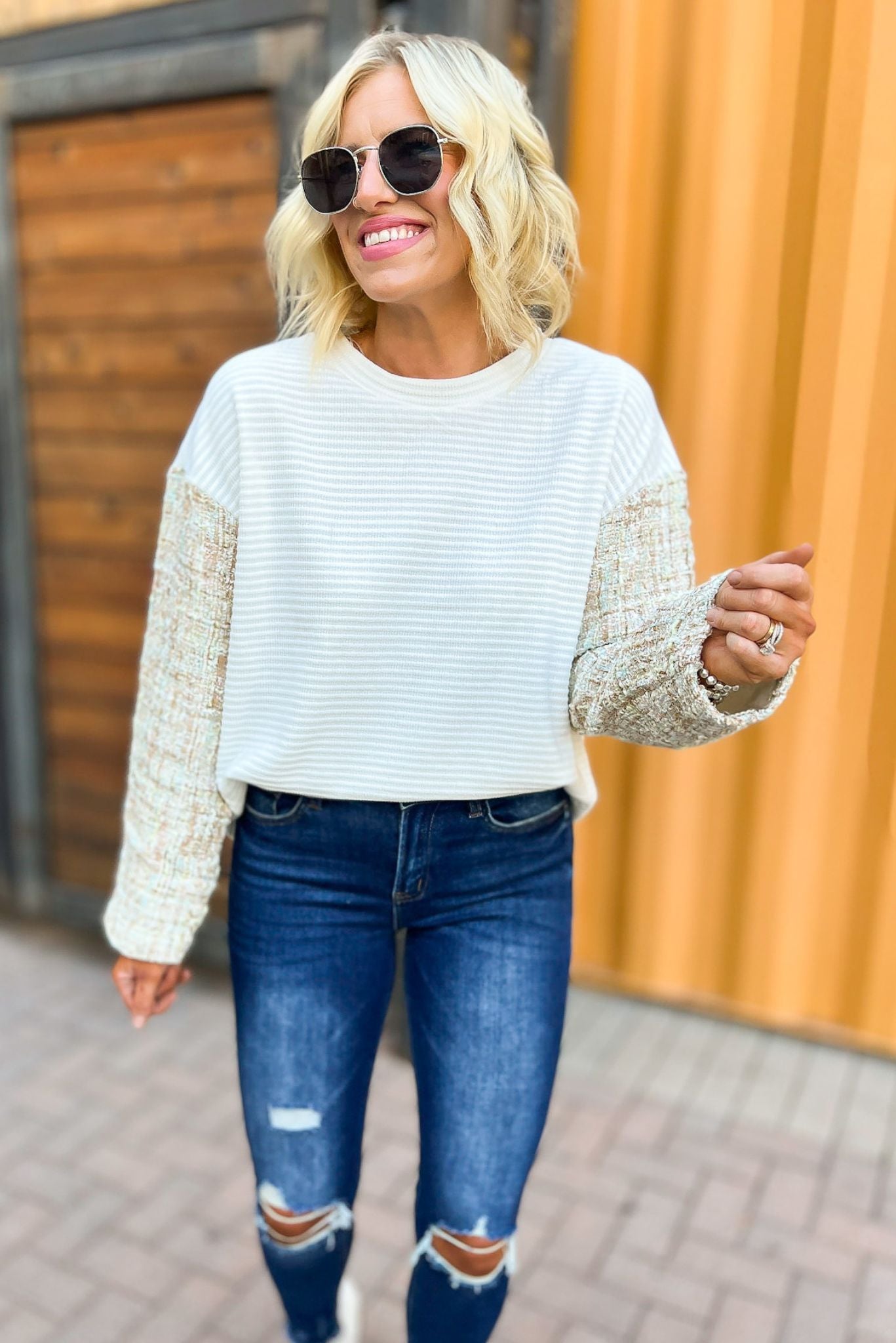 Off white Knit Tweed Sleeve Sweater, tweed detail, must have, girly look, mom style, shop style your senses by mallory fitzsimmons