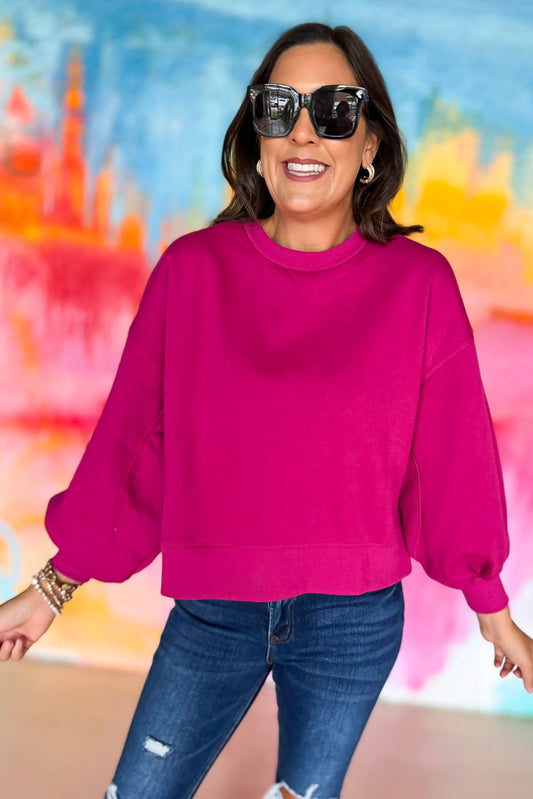 magenta Balloon Sleeve Sweatshirt, pink soft material, everyday wear, everyday sweatshirt, mom style, lounge to lunch, shop style your senses by mallory fitzsimmons