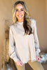 Beige Ruffle Hem Balloon Long Sleeve Top, everyday sweater, must have, front seam detail, mom style, elevated look, shop style your senses by mallory fitzsimmons