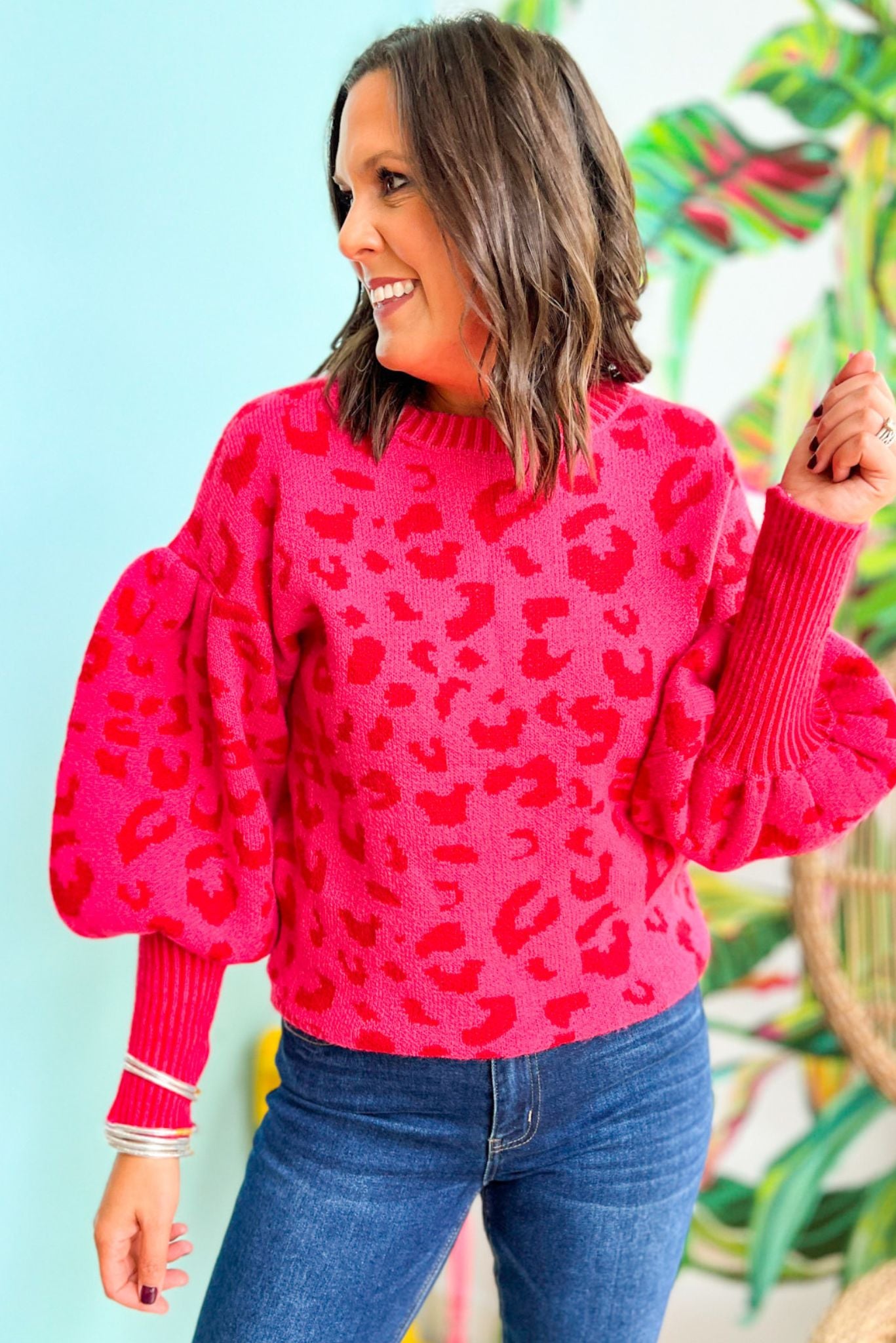 Hot Pink Red Animal Print Balloon Sleeve Sweater, frill neck detail, holiday look, chic, must have, mom style, elevated look, shop style your senses by mallory fitzsimmons