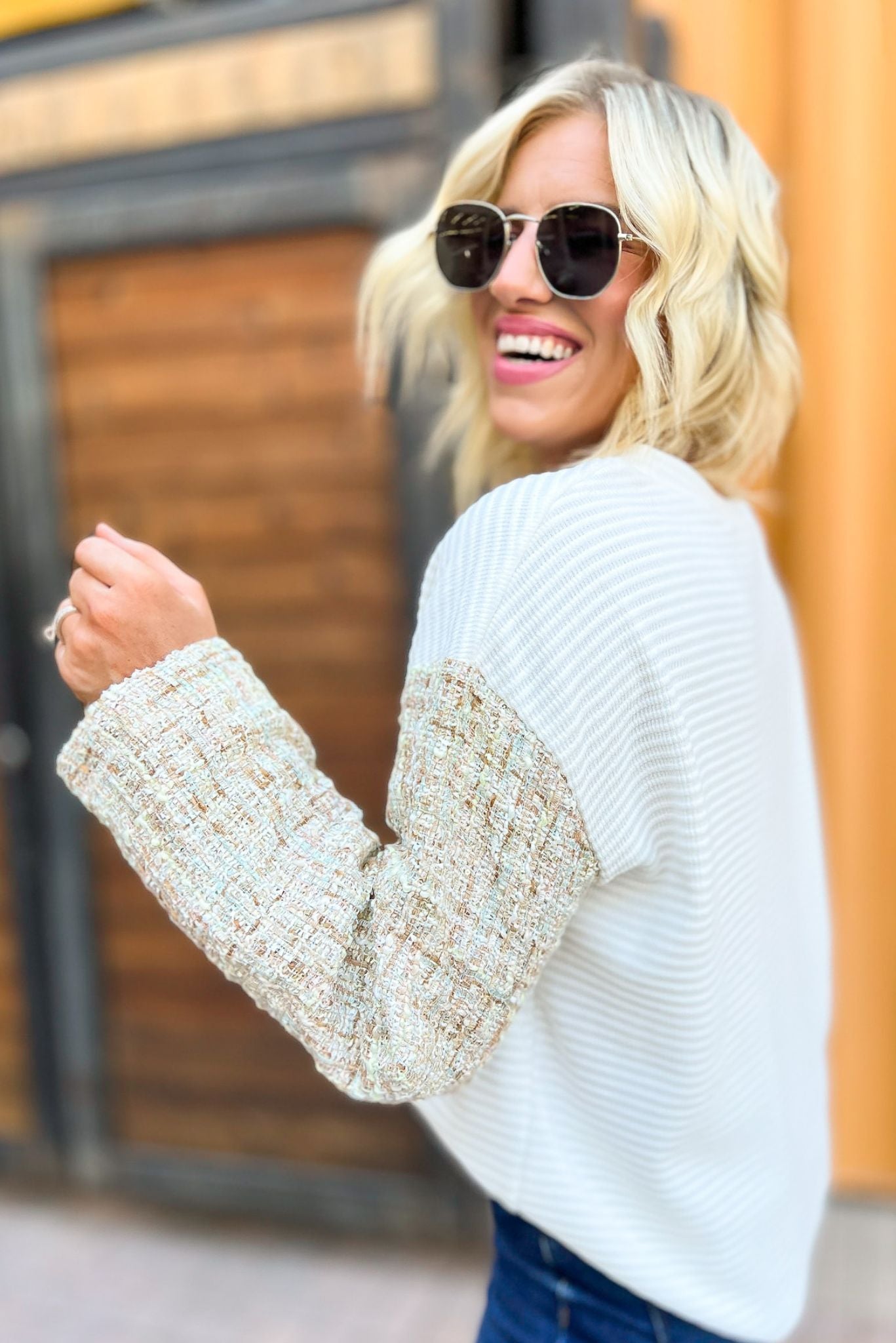 Off white Knit Tweed Sleeve Sweater, tweed detail, must have, girly look, mom style, shop style your senses by mallory fitzsimmons