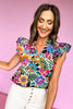 Multi Floral Printed Ruffle Sleeve V Neck Top