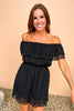 Black Swiss Dot Ruffle Off The Shoulder Romper, swiss dot, off the shoulder, concert look, must have, shop style your senses by mallory fitzsimmons