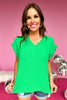 Kelly Green Frilled V Neck Short Sleeve Top, v neck, frill neck, spring top, everyday wear, must have, shop style your senses by mallory fitzsimmons