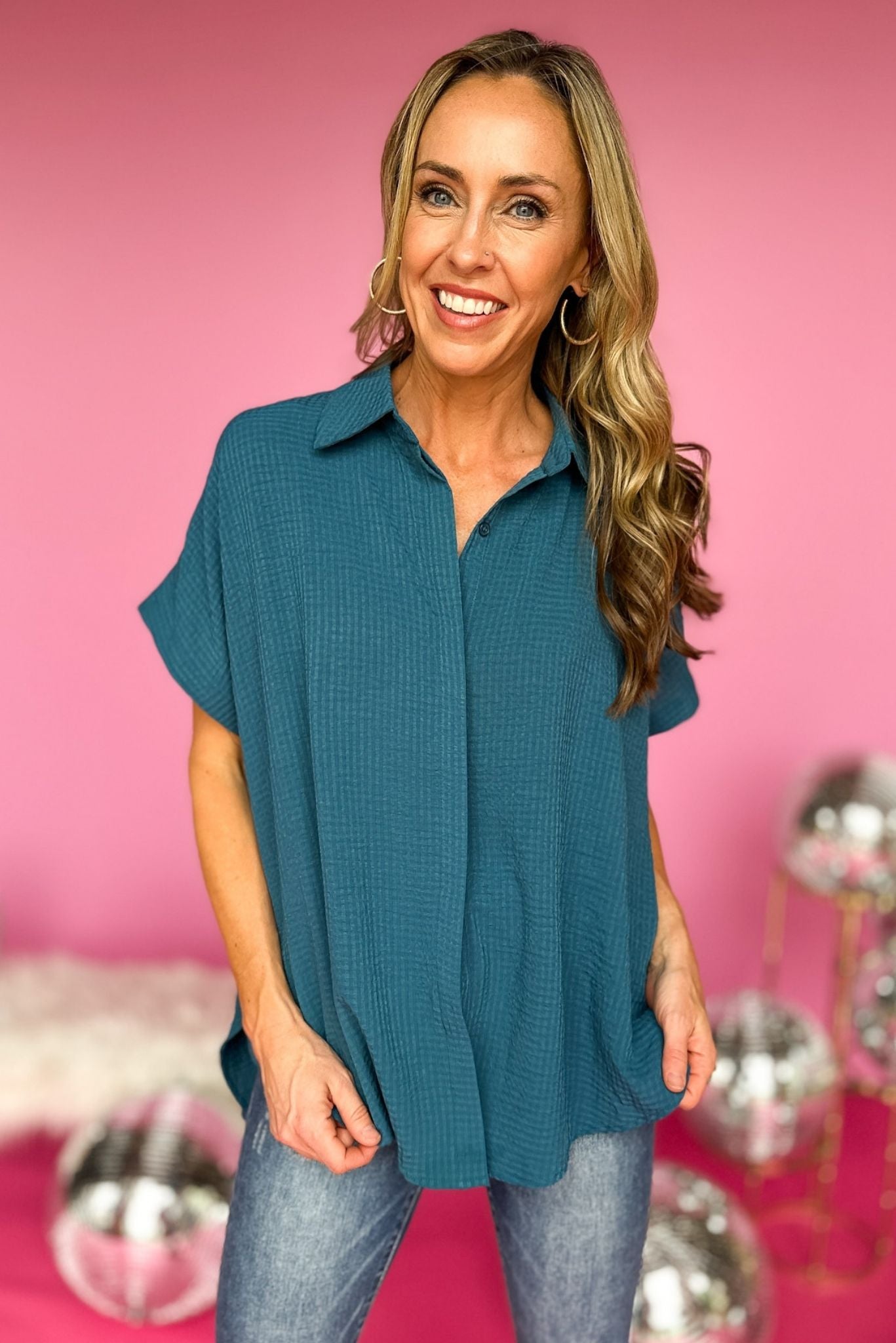 Teal Green Half Button Down Hi Low Two Tone Top, collar detail, everyday top, new arrival, spring look, must have, shop style your senses by mallory fitzsimmons