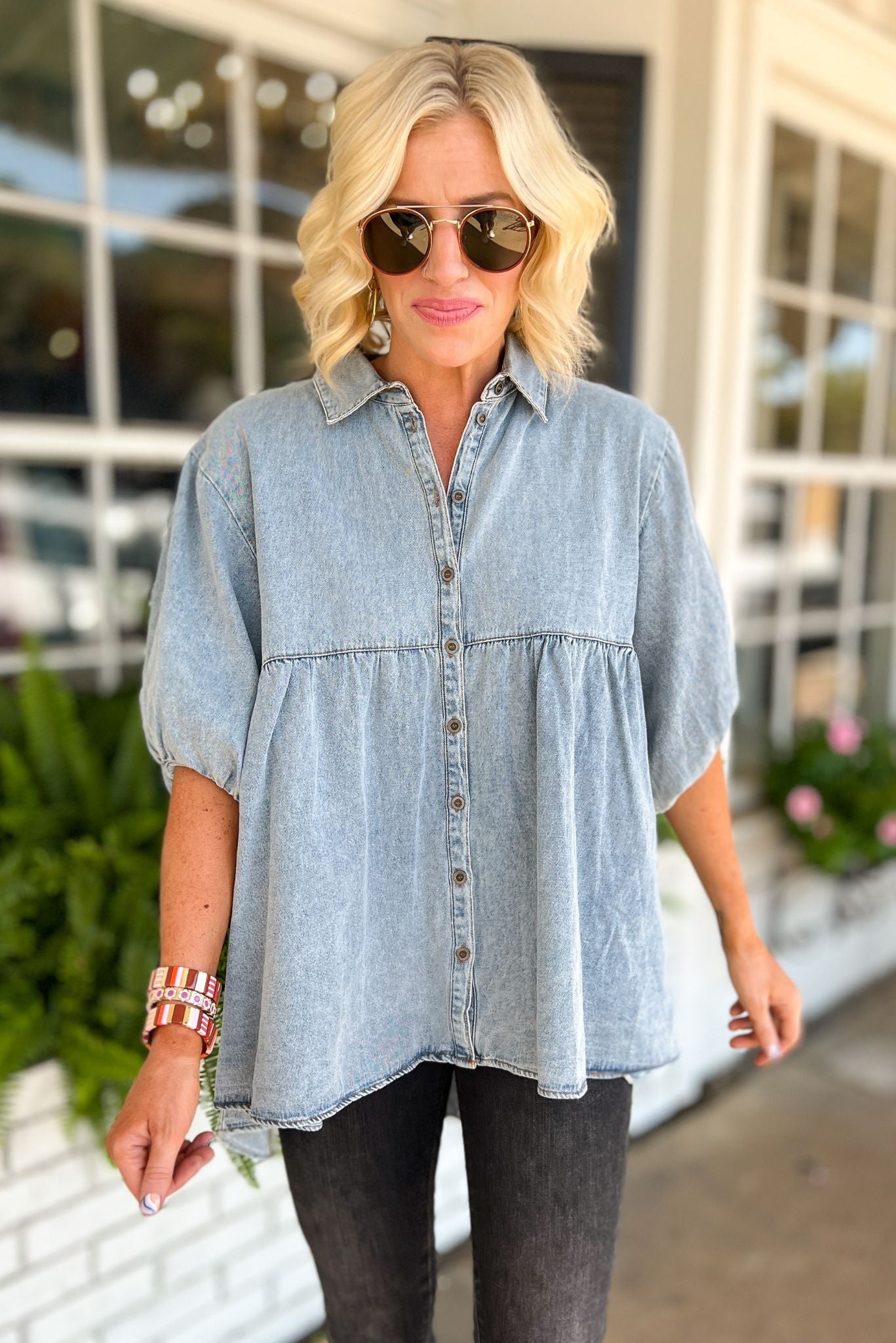 Light Denim Puff Sleeve Collared Button Down Babydoll Tunic Top, fall fashion, must have, date night, elevated look, mom style, shop style your senses by mallory fitzsimmons