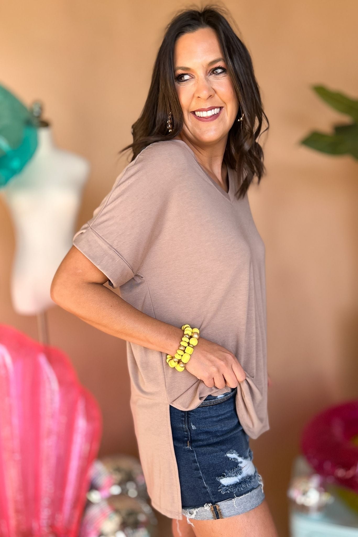 tan V Neck Rolled Short Sleeve Side Slit Top, summer in january, staple piece, basics, v neck, rolled sleeve, everyday wear, shop style your senses by mallory fitzsimmons