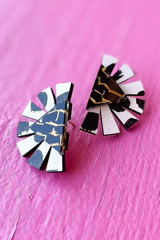 Black White Gold Dot Fan Stud Earrings