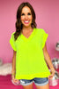 neon lime green Frilled V Neck Short Sleeve Top, v neck, frill neck, spring top, everyday wear, must have, shop style your senses by mallory fitzsimmons