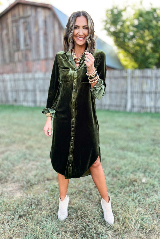 Olive Velvet Collared Button Down Midi Dress, fall fashion, family photo looks, must have, fall must have, mom style, velvet, shop style your senses by mallory fitzsimmons