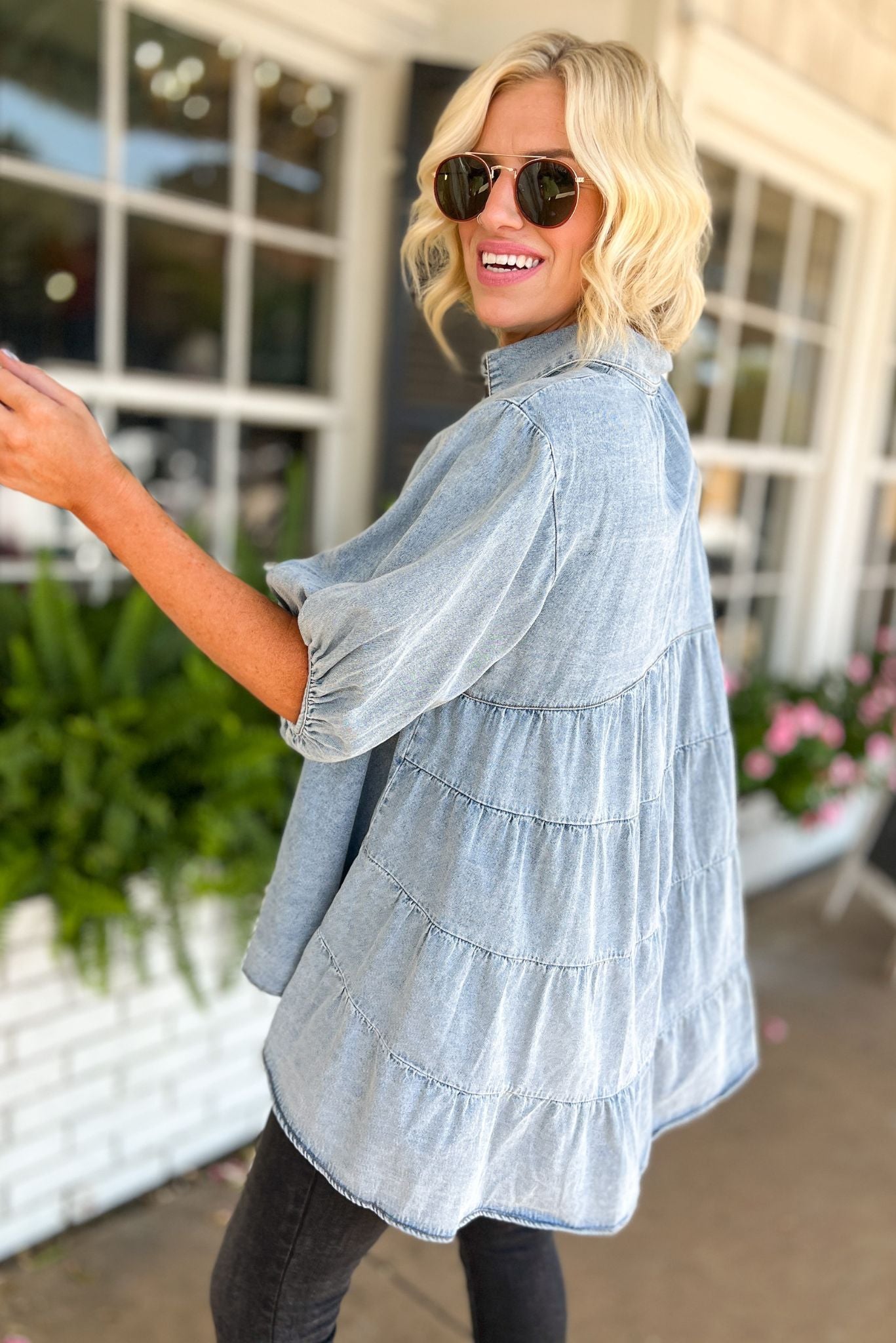 Light Denim Puff Sleeve Collared Button Down Babydoll Tunic Top - Small