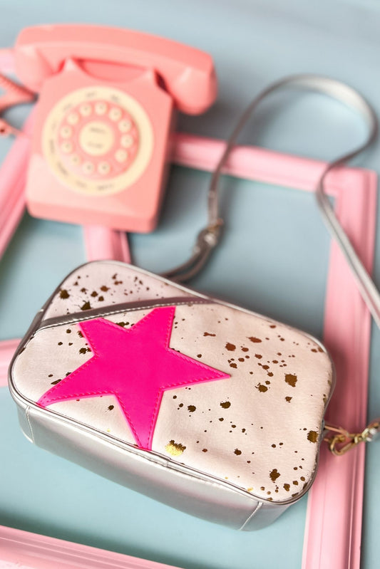 Beige Gold Splatter Neon Pink Star Crossbody Bag, star detail, crossbody, adjustable strap, must have, everyday wear, shop style your senses by mallory fitzsimmons