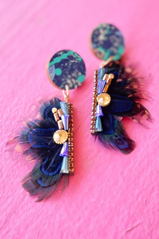 Denim Feather Rhinestone Dangle Earrings