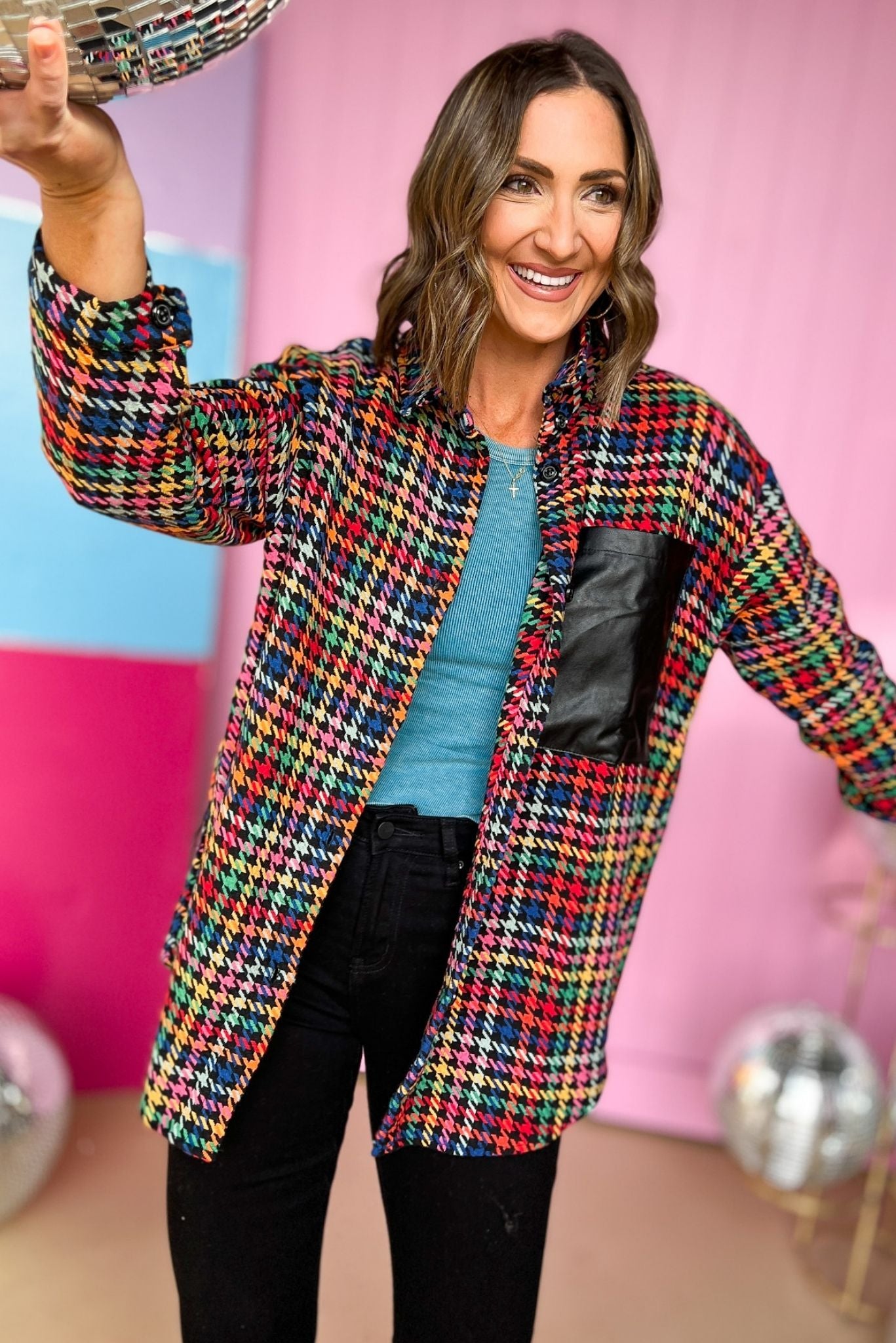 Colorful Houndstooth Black Faux Leather Pocket Shacket, fall fashion, layered look, must have, mom style, elevated look, shop style your senses by mallory fitzsimmons