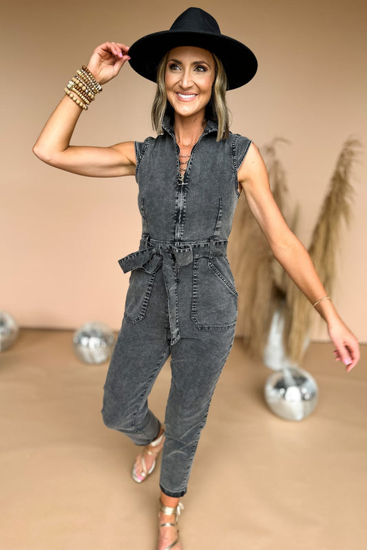 Black Washed Cap Sleeve Zip Front Tie Waist Jumpsuit, nasvhille suitcase, zip up, tie detail, cap sleeve, must have, shop style your senses by mallory fitzsimmons
