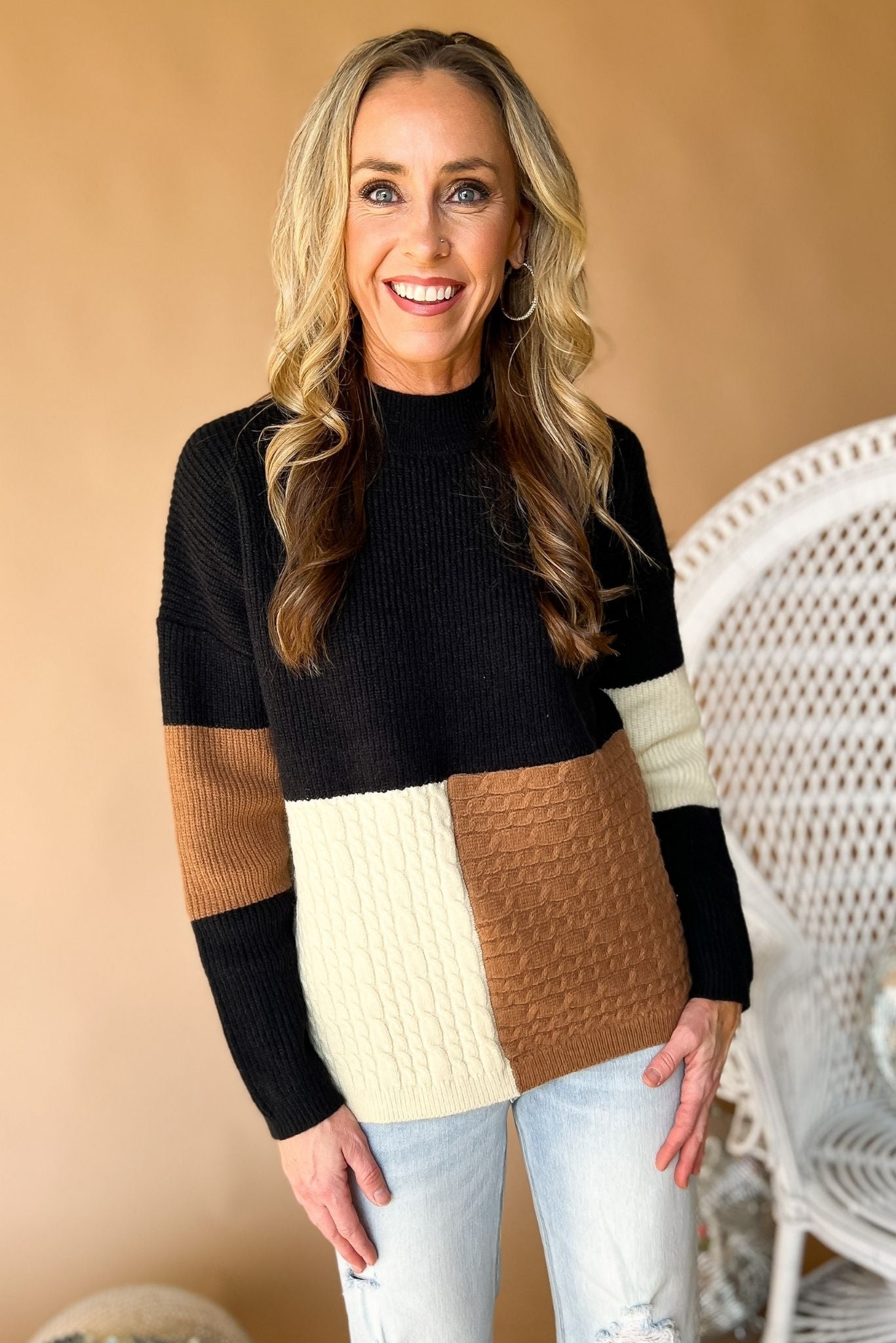 Black Mocha Colorblock Cable Knit Sweater, spring fashion, pattern, must have, trendy, mom style, shop style your senses by mallory fitzsimmons