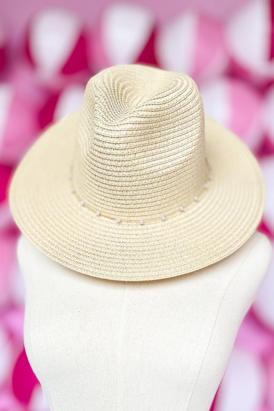 Beige Pearl Embellished Panama Straw Sun Hat, beach hat, vacation look, must have, rim detail, spring fashion, shop style your senses by mallory fitzsimmons