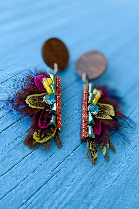 Wooden Feather Rhinestone Dangle Earrings