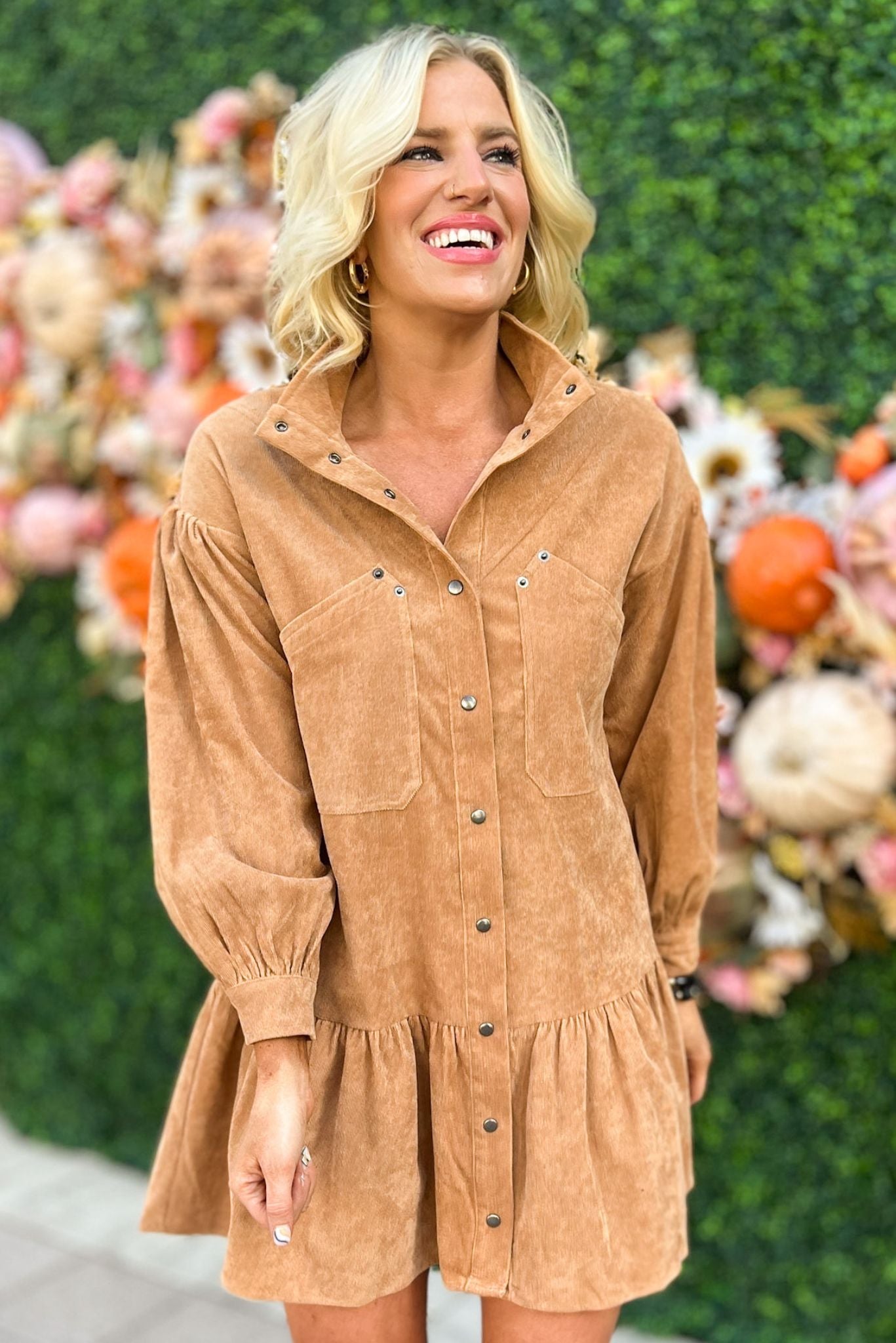 Camel Corduroy Button Down Long Sleeve Dress, fall fashion, fall must have, sweater weather, thanksgiving look, fall dress, mom style, shop style your senses by mallory fitzsimmons