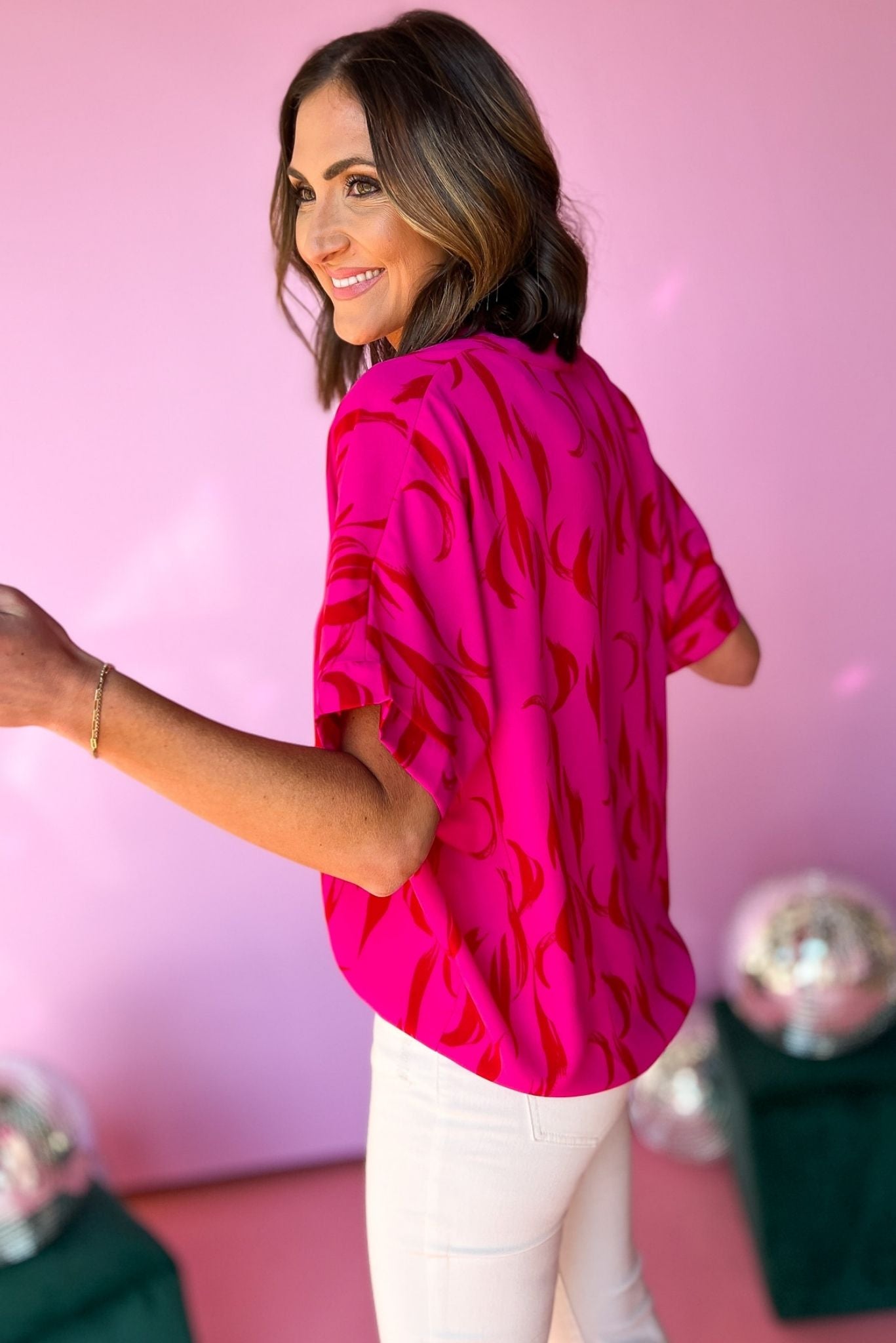 Hot Pink Red Print V Neck Short Sleeve Boxy Top, boxy top, abstract, v neck, short sleeve, shop style your senses by mallory fitzsimmons