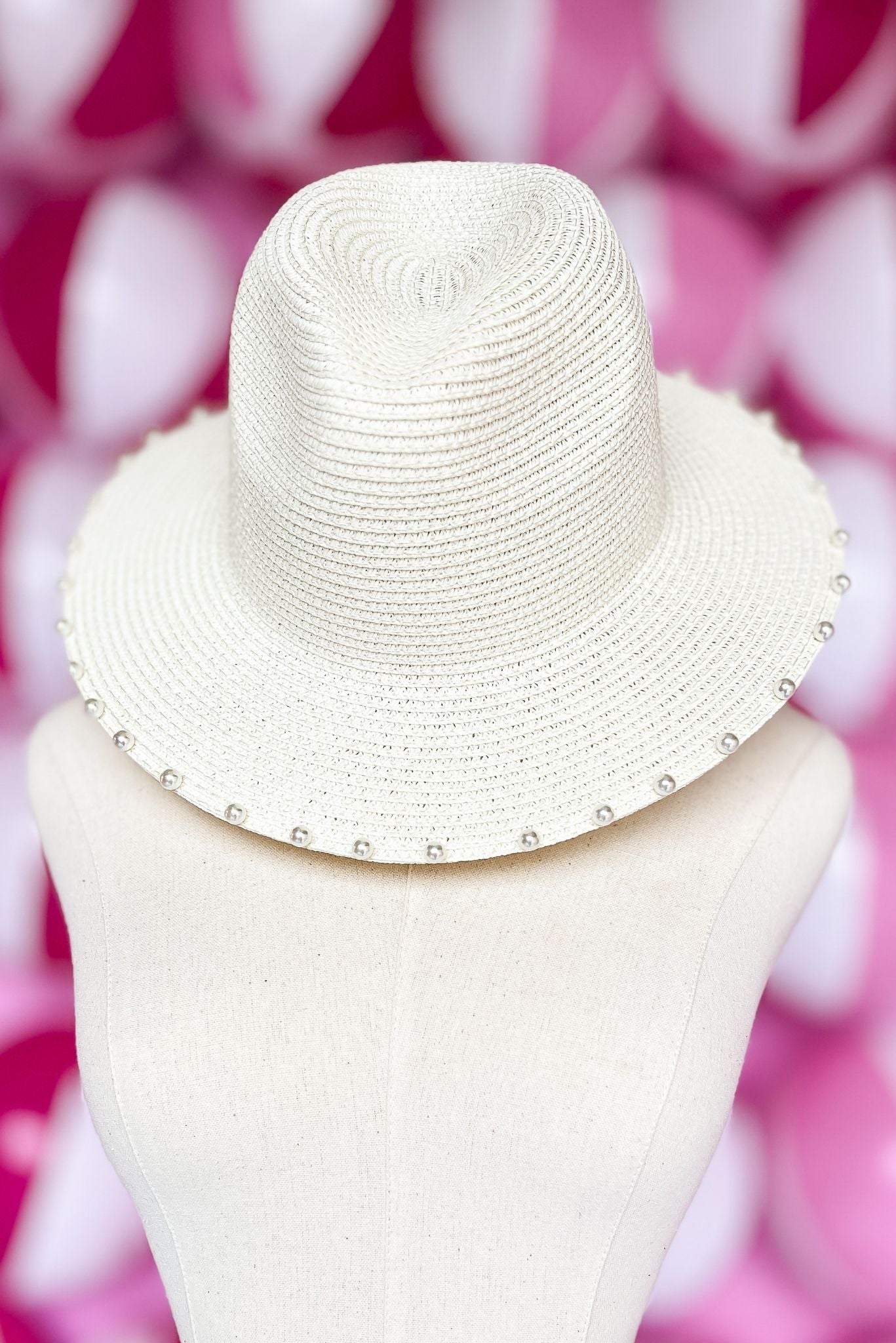 Pearl Trim Straw Fedora Hat