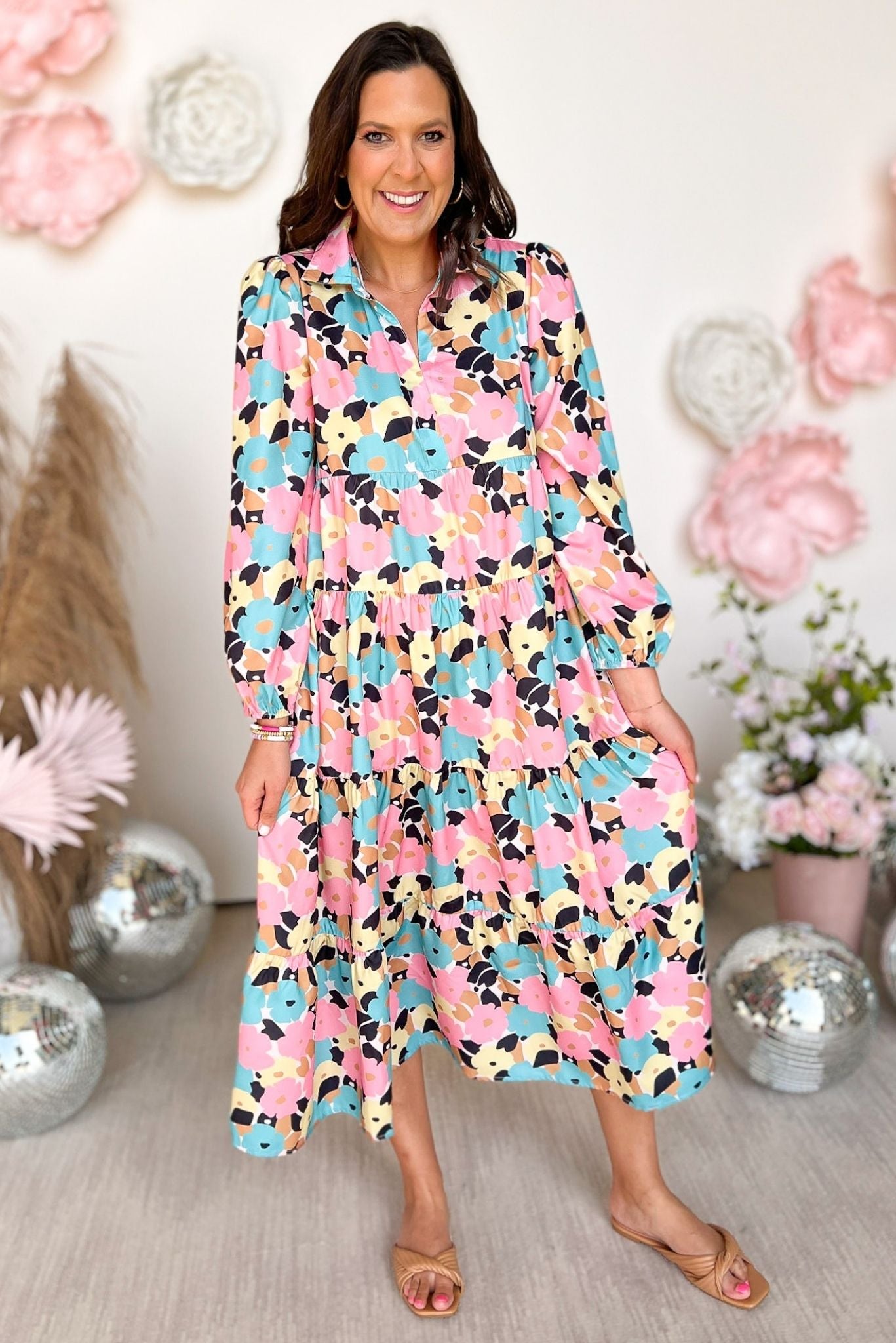 SSYS Pastel Abstract Floral Print Long Sleeve Collared Maxi Dress, shift dress, midi, spring must have, spring fashion, mom style, shop style your senses by mallory fitzsimmons