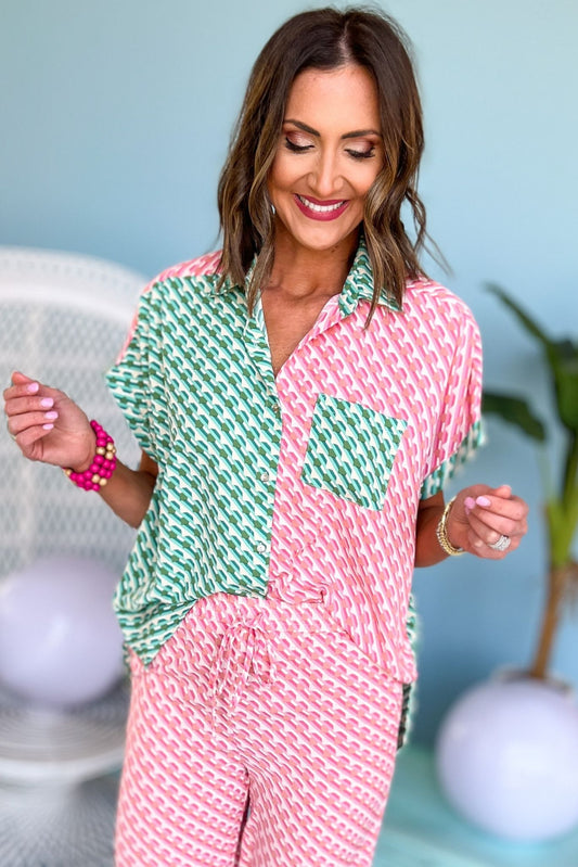 Green Pink Printed Colorblock Collared Button Down Top, spring fashion, spring look, matching set, geometric print, must have, mom style, resort wear, shop style your senses by mallory fitzsimmons