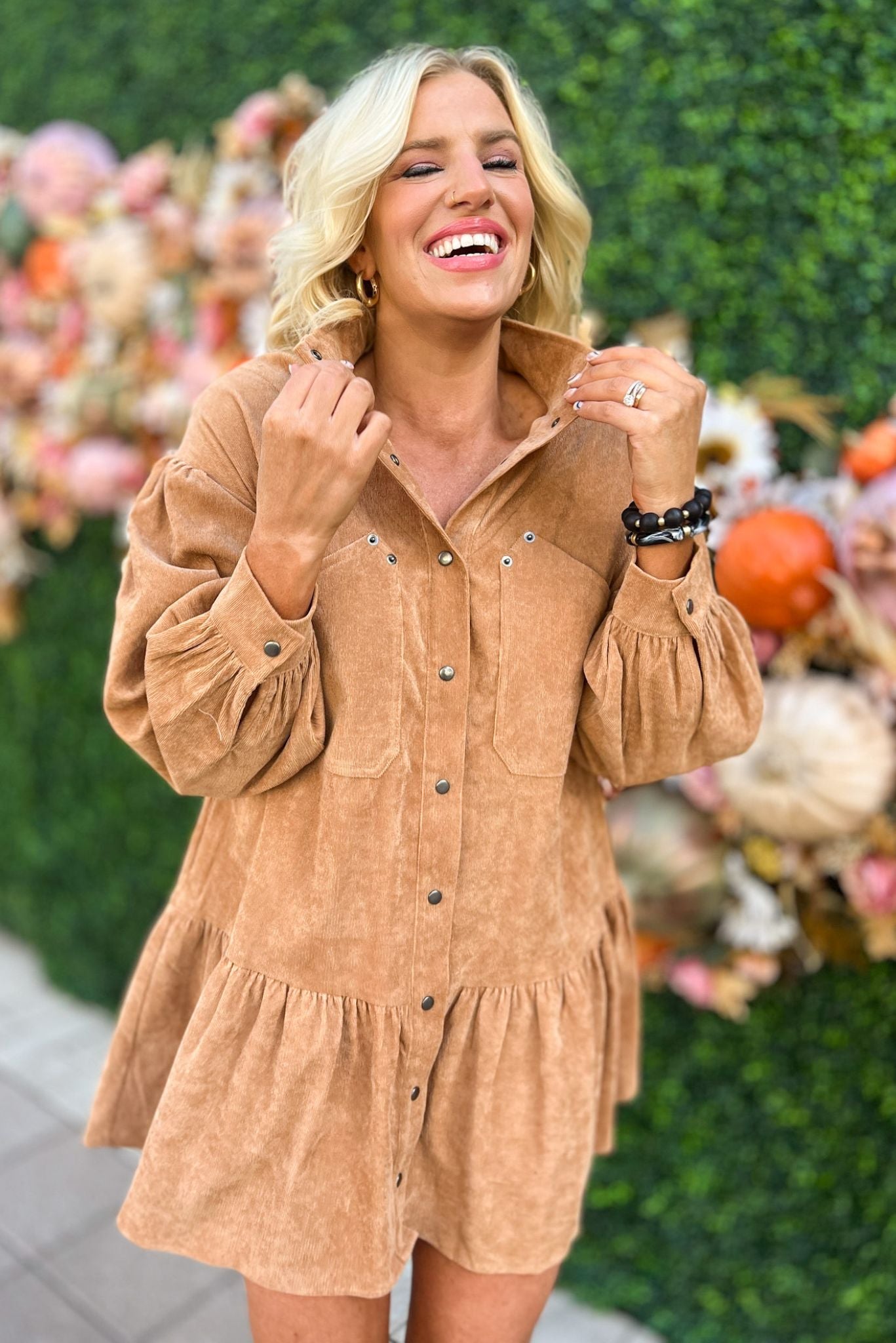 Camel Corduroy Button Down Long Sleeve Dress, fall fashion, fall must have, sweater weather, thanksgiving look, fall dress, mom style, shop style your senses by mallory fitzsimmons