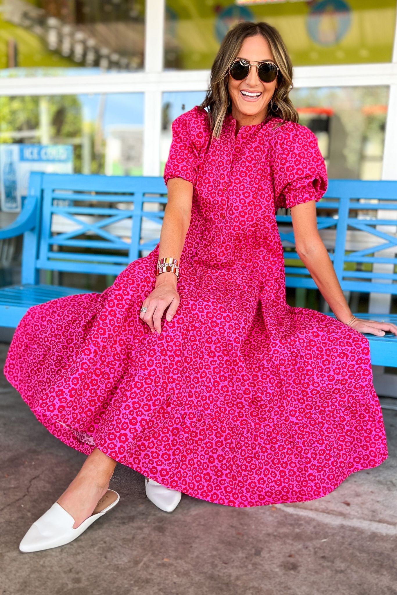 Pink Red Floral Poplin Puff Sleeve Tiered Maxi  Dress by Karlie, fall fashion, fall must have, shift dress, vibrant print, mom style, shop style your senses by mallory fitzsimmons