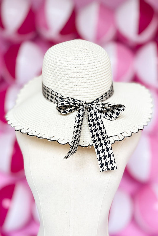 Black White Houndstooth Band Straw Sun Hat, beach hat, vacation look, must have, rim detail, spring fashion, shop style your senses by mallory fitzsimmons