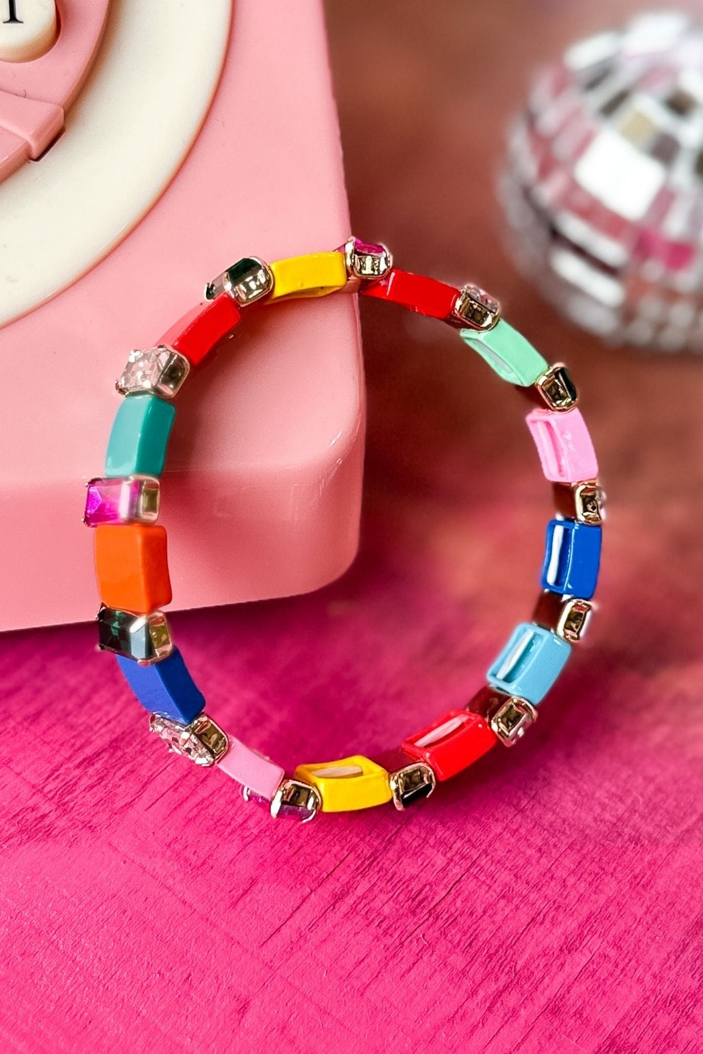 Multi Baguette Stone Colored Metal Square Stretch Bracelet