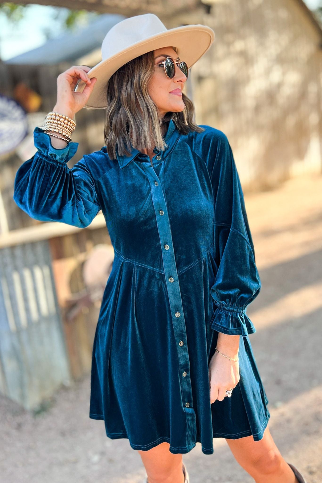 Teal Velvet Collared Button Down Hi Low Hem Babydoll Dress, fall fashion, country concert, cowgirl boots, must have, shop style your senses by mallory fitzsimmons