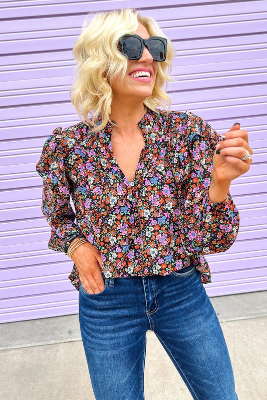Black Floral V Neck Ruffle Long Sleeve Button Up Top, must have fall piece, work wear top, easy to wear, feminine fit, mom style, shop style your senses by mallory fitzsimmons