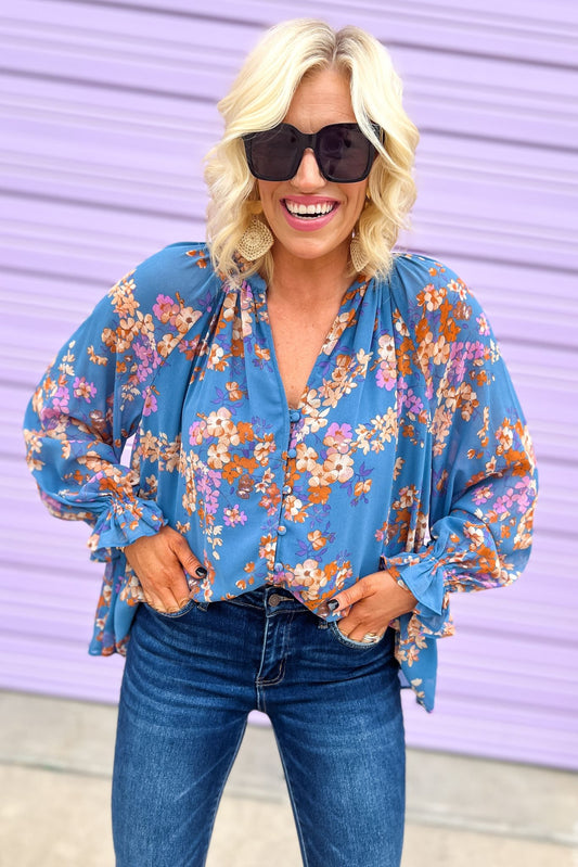 Blue Floral V Neck Frill Neck Long Sleeve Button Top, must have fall top, work wear, easy to wear, transition piece, mom style, shop style your senses by mallory fitzsimmons